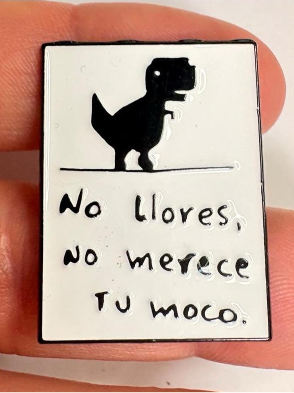 White and Black Enamel Pet Pin – Funny Dino Dog Quote